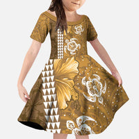 Gold Hibiscus Turle Family Matching Short Sleeve Bodycon Dress and Hawaiian Shirt Hawaiian Style Tribal Tapa Pattern