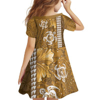 Gold Hibiscus Turle Family Matching Short Sleeve Bodycon Dress and Hawaiian Shirt Hawaiian Style Tribal Tapa Pattern
