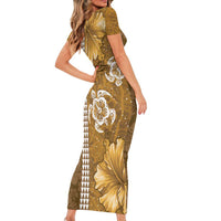 Gold Hibiscus Turle Family Matching Short Sleeve Bodycon Dress and Hawaiian Shirt Hawaiian Style Tribal Tapa Pattern