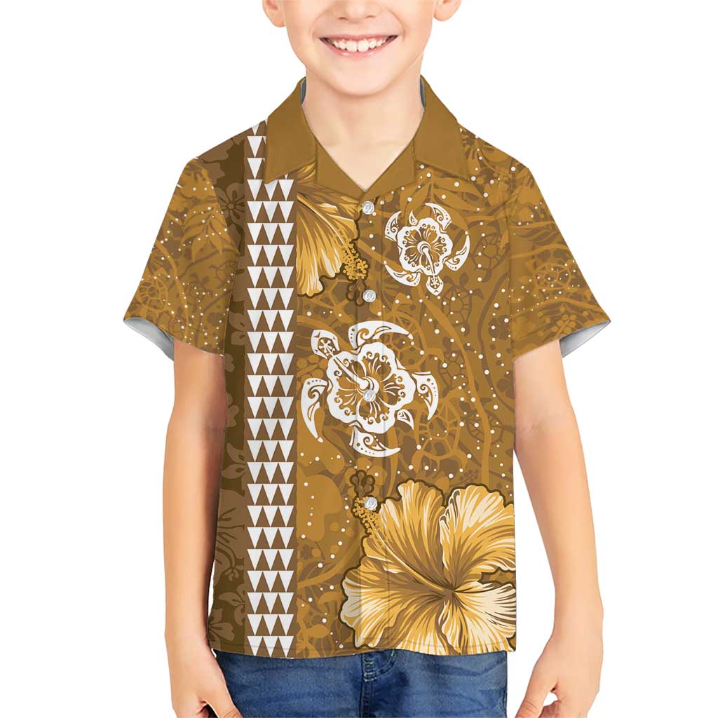 Gold Hibiscus Turle Family Matching Short Sleeve Bodycon Dress and Hawaiian Shirt Hawaiian Style Tribal Tapa Pattern