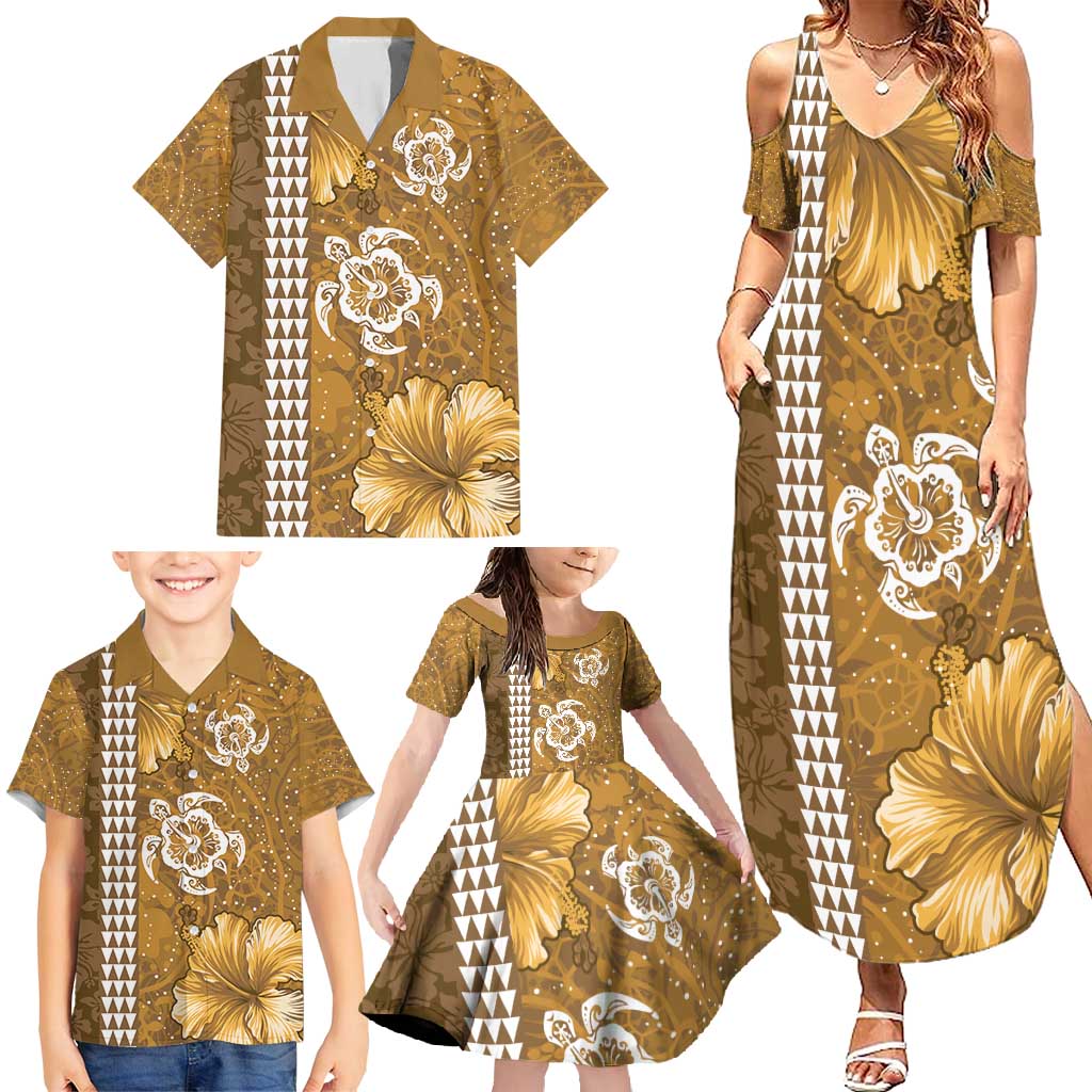 Gold Hibiscus Turle Family Matching Summer Maxi Dress and Hawaiian Shirt Hawaiian Style Tribal Tapa Pattern