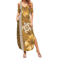 Gold Hibiscus Turle Family Matching Summer Maxi Dress and Hawaiian Shirt Hawaiian Style Tribal Tapa Pattern