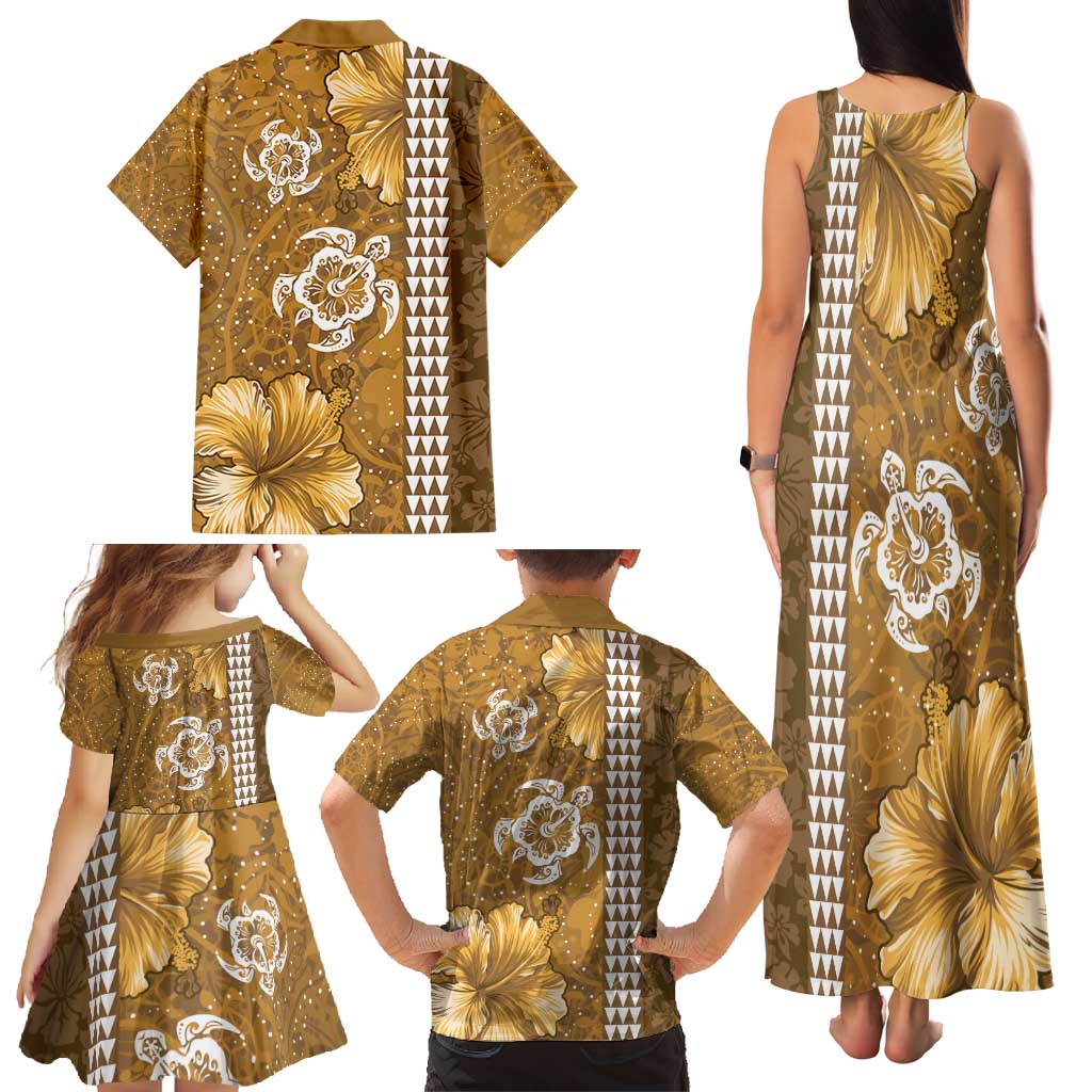 Gold Hibiscus Turle Family Matching Tank Maxi Dress and Hawaiian Shirt Hawaiian Style Tribal Tapa Pattern