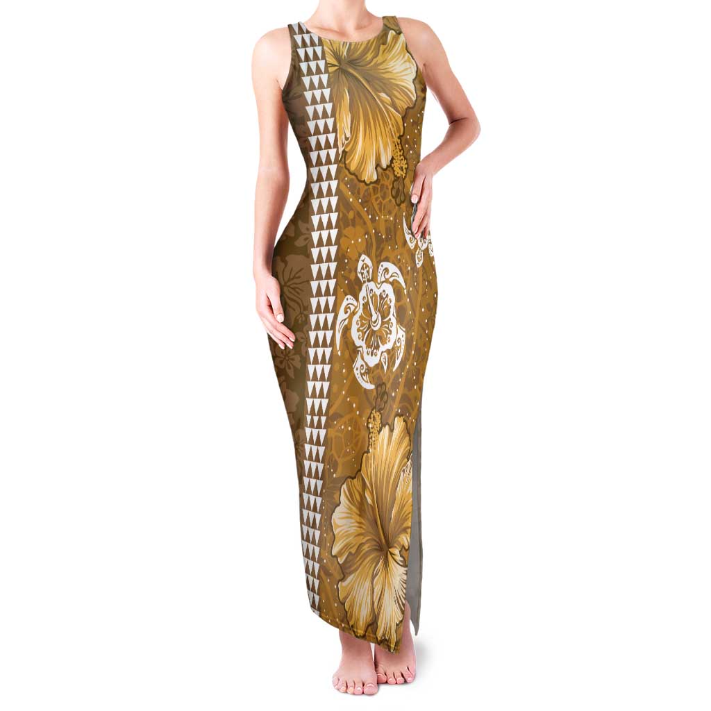 Gold Hibiscus Turle Family Matching Tank Maxi Dress and Hawaiian Shirt Hawaiian Style Tribal Tapa Pattern