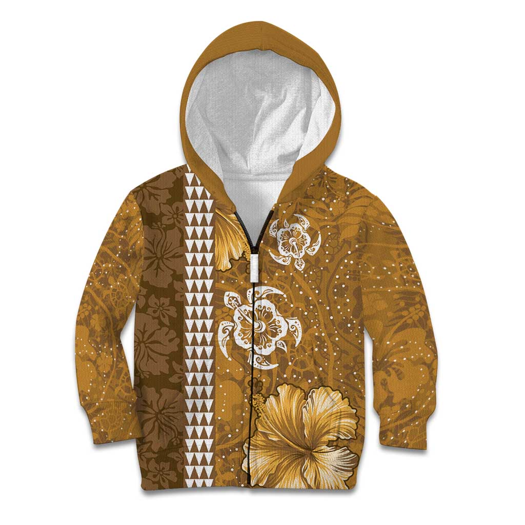 Gold Hibiscus Turle Kid Hoodie Hawaiian Style Tribal Tapa Pattern LT9 Zip Hoodie Gold - Polynesian Pride