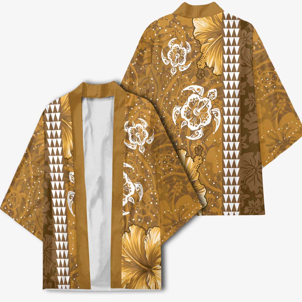 Gold Hibiscus Turle Kimono Hawaiian Style Tribal Tapa Pattern - Polynesian Pride