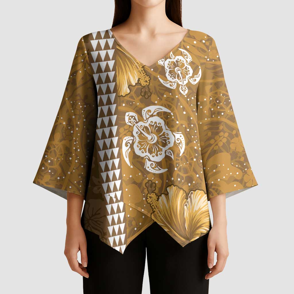Gold Hibiscus Turle Kimono Sleeve Blouse Hawaiian Style Tribal Tapa Pattern - Polynesian Pride