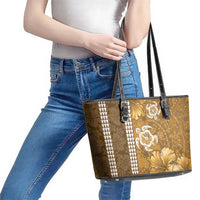 Gold Hibiscus Turle Leather Tote Bag Hawaiian Style Tribal Tapa Pattern
