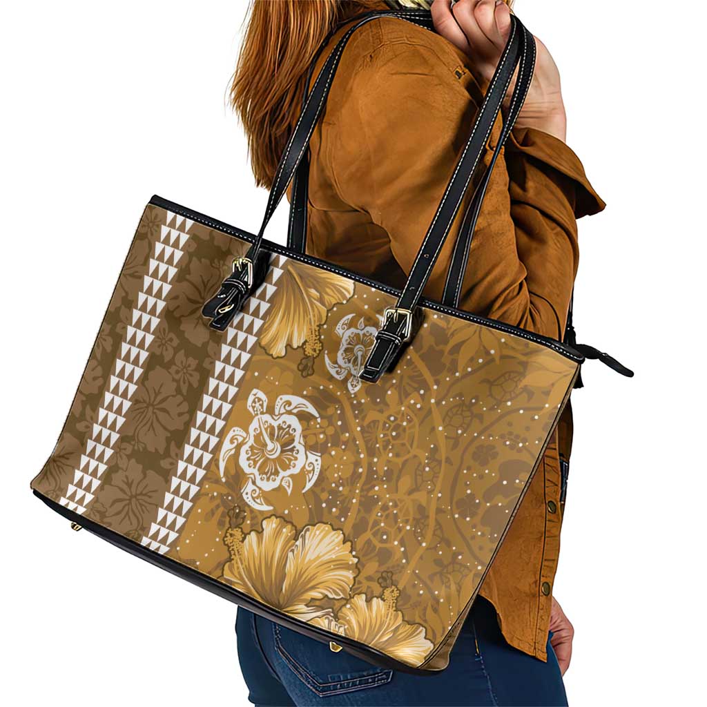 Gold Hibiscus Turle Leather Tote Bag Hawaiian Style Tribal Tapa Pattern