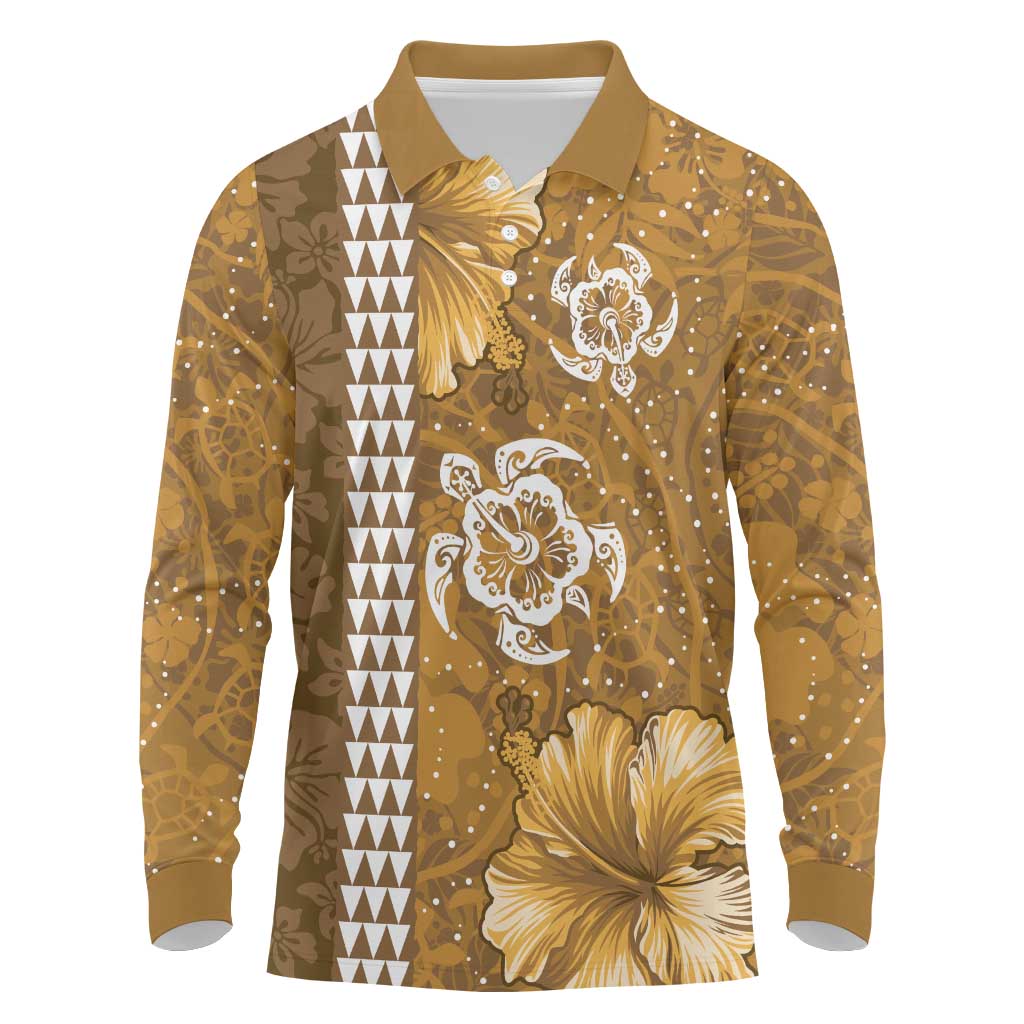 Gold Hibiscus Turle Long Sleeve Polo Shirt Hawaiian Style Tribal Tapa Pattern