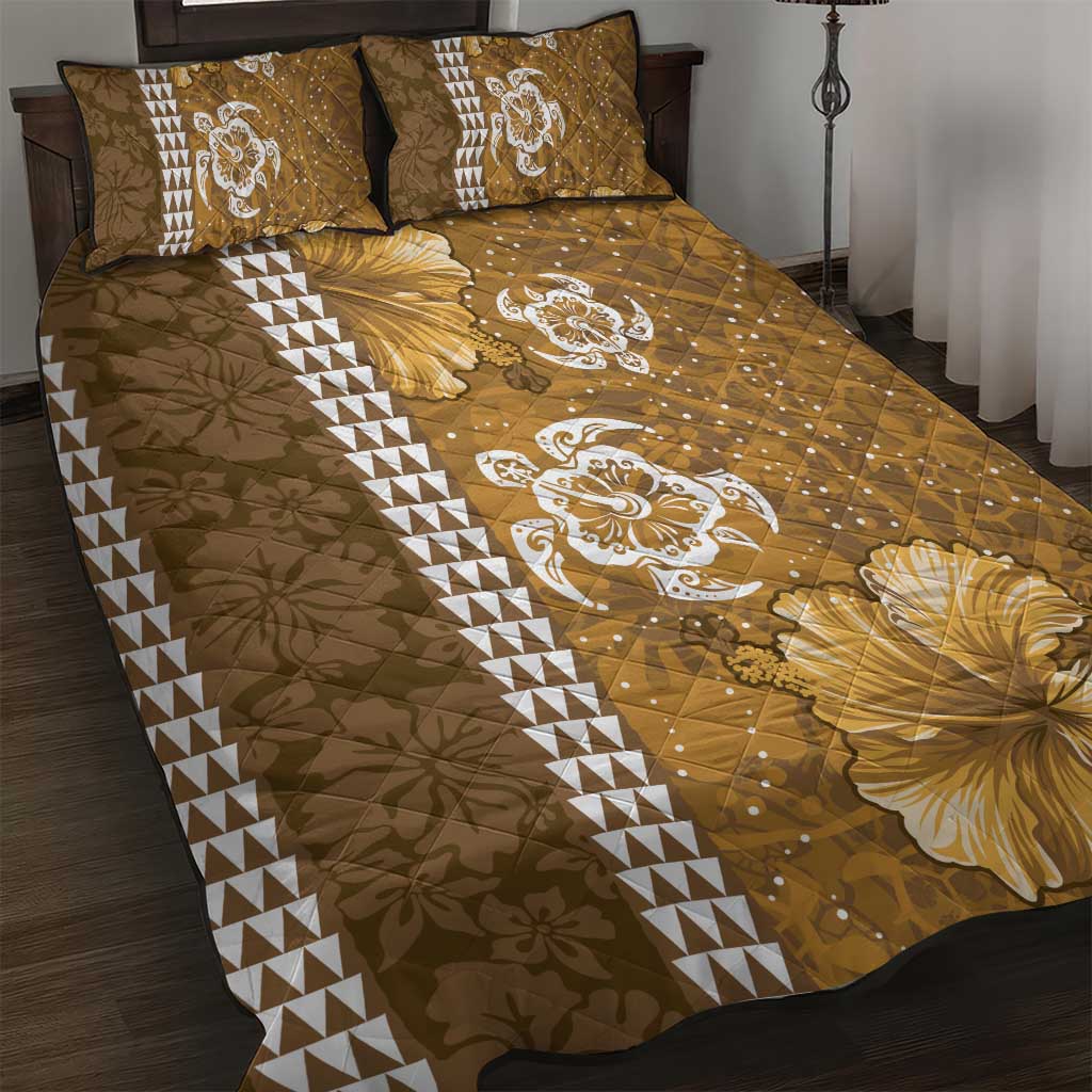 Gold Hibiscus Turle Quilt Bed Set Hawaiian Style Tribal Tapa Pattern