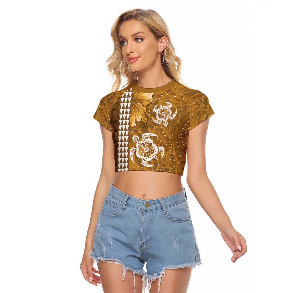 Gold Hibiscus Turle Raglan Cropped T Shirt Hawaiian Style Tribal Tapa Pattern LT9 Female Gold - Polynesian Pride