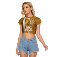 Gold Hibiscus Turle Raglan Cropped T Shirt Hawaiian Style Tribal Tapa Pattern LT9 Female Gold - Polynesian Pride