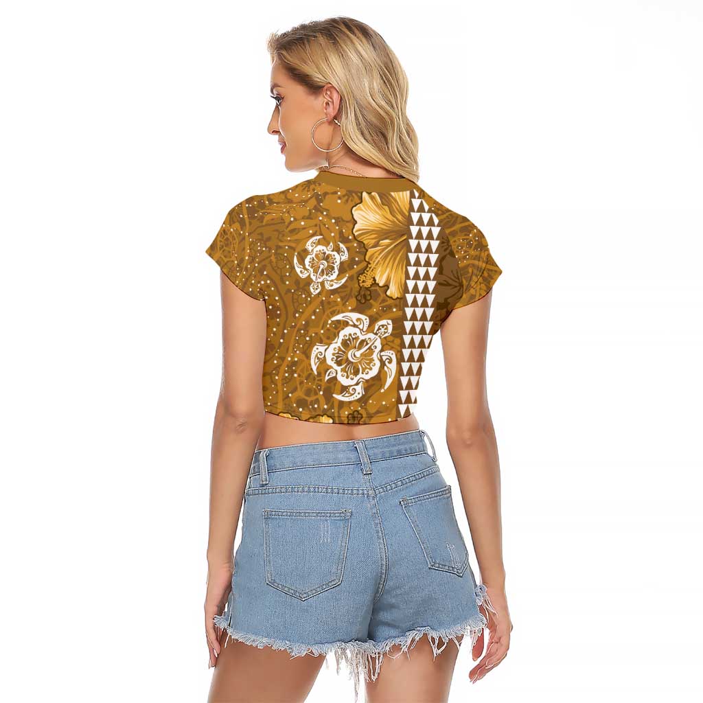 Gold Hibiscus Turle Raglan Cropped T Shirt Hawaiian Style Tribal Tapa Pattern LT9 - Polynesian Pride