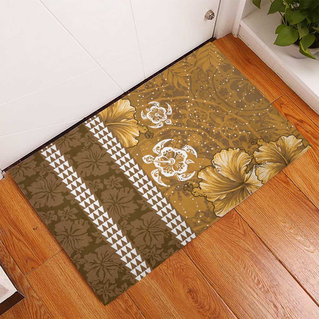Gold Hibiscus Turle Rubber Doormat Hawaiian Style Tribal Tapa Pattern