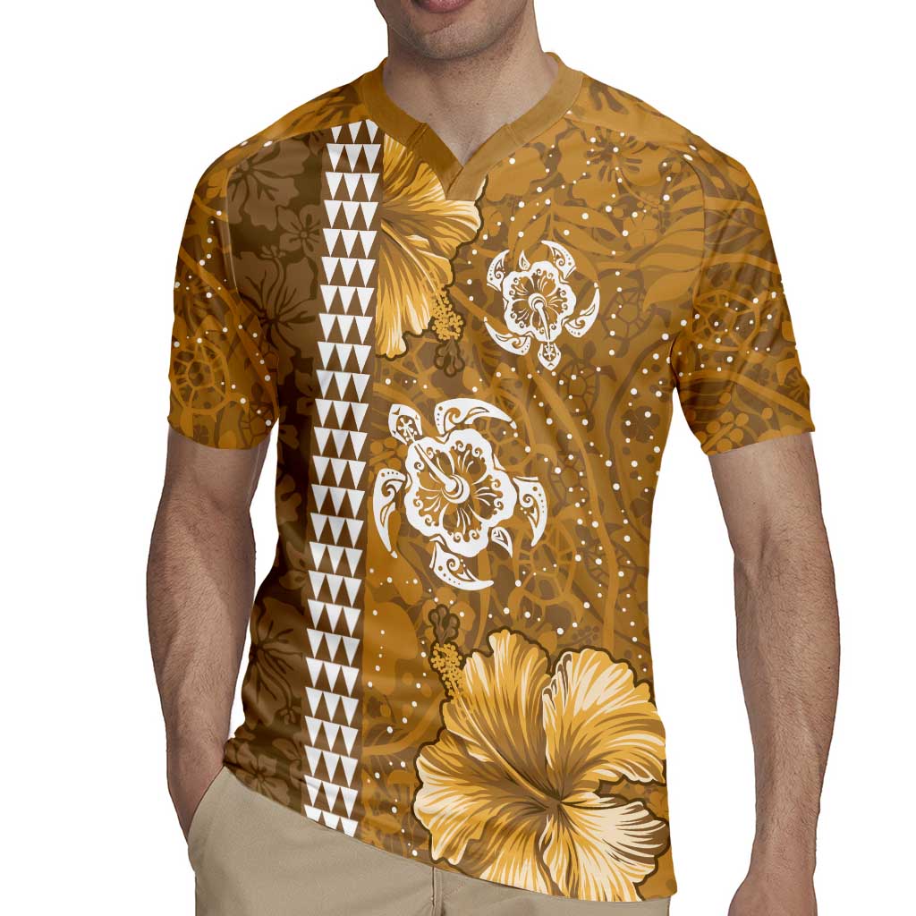 Gold Hibiscus Turle Rugby Jersey Hawaiian Style Tribal Tapa Pattern