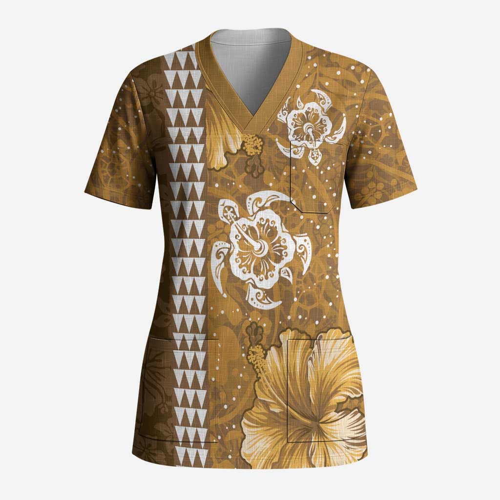Gold Hibiscus Turle Scrub Top Hawaiian Style Tribal Tapa Pattern - Polynesian Pride