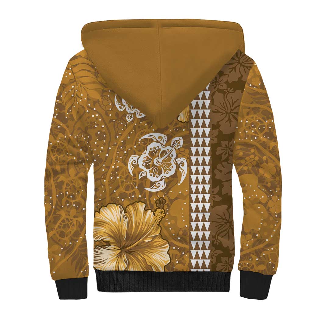 Gold Hibiscus Turle Sherpa Hoodie Hawaiian Style Tribal Tapa Pattern