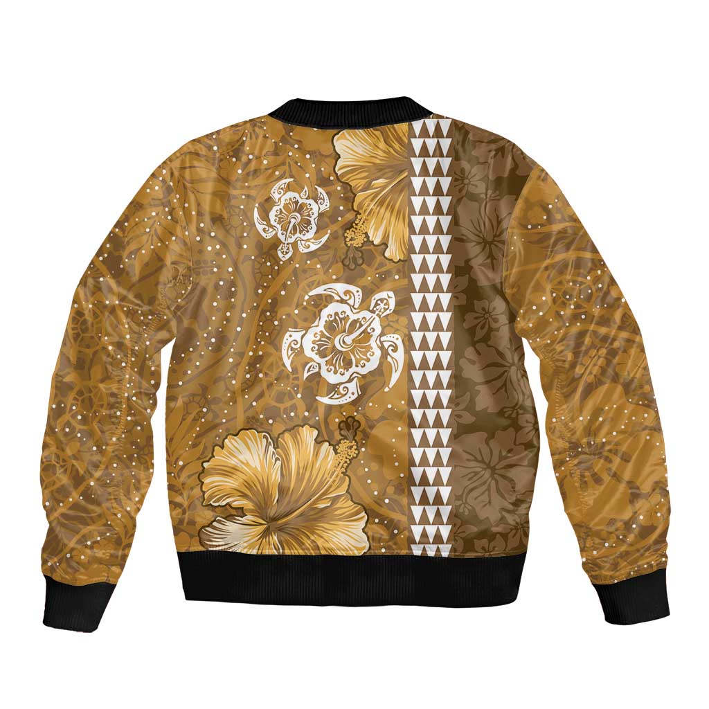 Gold Hibiscus Turle Sleeve Zip Bomber Jacket Hawaiian Style Tribal Tapa Pattern
