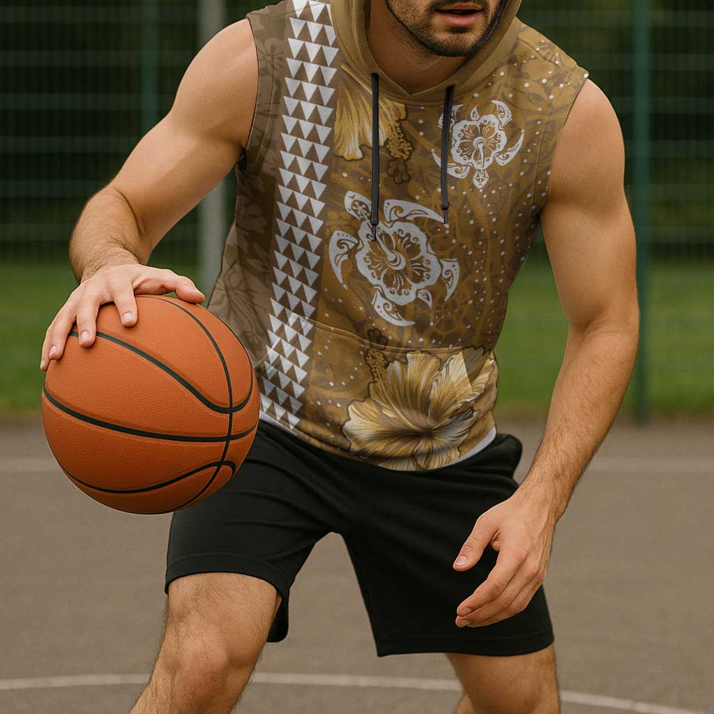 Gold Hibiscus Turle Sleeveless Hoodie Hawaiian Style Tribal Tapa Pattern - Polynesian Pride