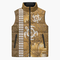 Gold Hibiscus Turle Sleeveless Puffer Jacket Hawaiian Style Tribal Tapa Pattern - Polynesian Pride