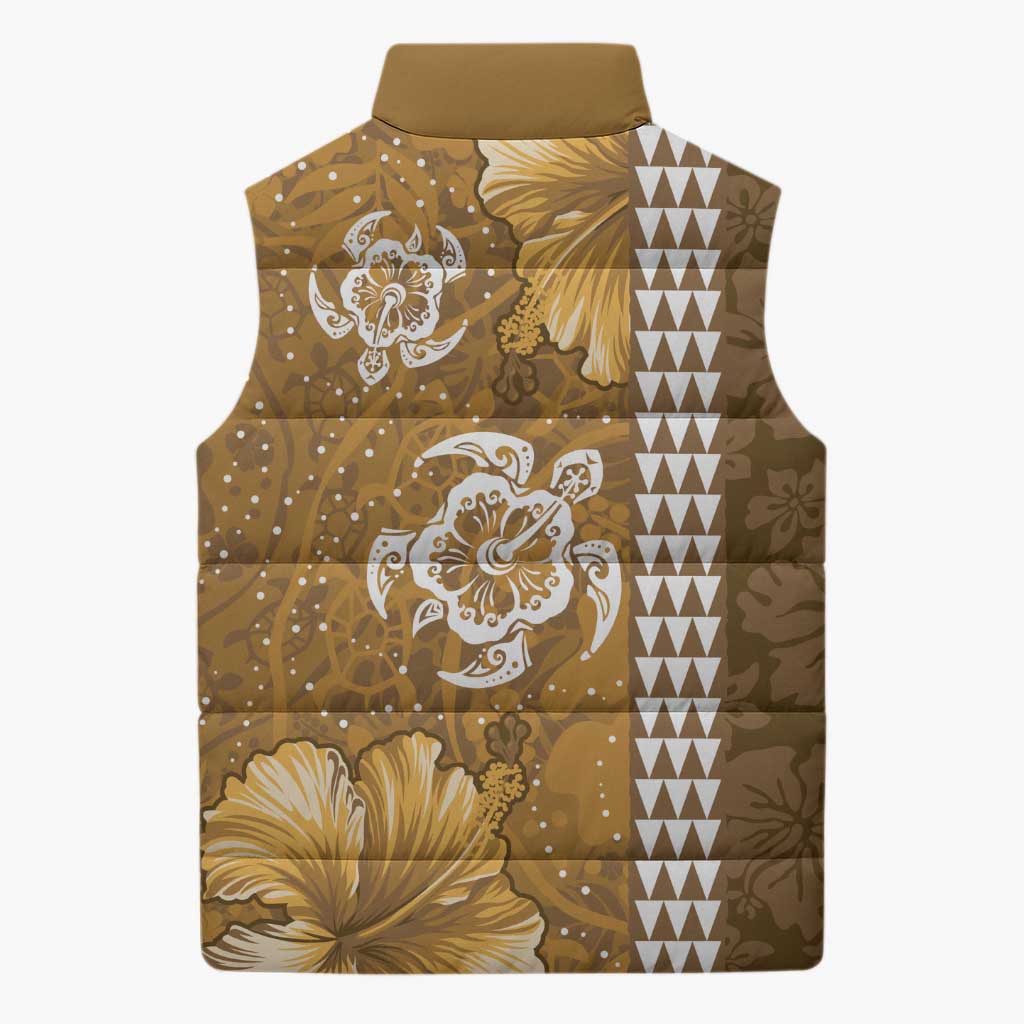Gold Hibiscus Turle Sleeveless Puffer Jacket Hawaiian Style Tribal Tapa Pattern - Polynesian Pride