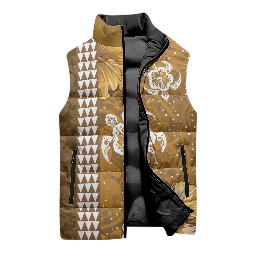 Gold Hibiscus Turle Sleeveless Puffer Jacket Hawaiian Style Tribal Tapa Pattern - Polynesian Pride