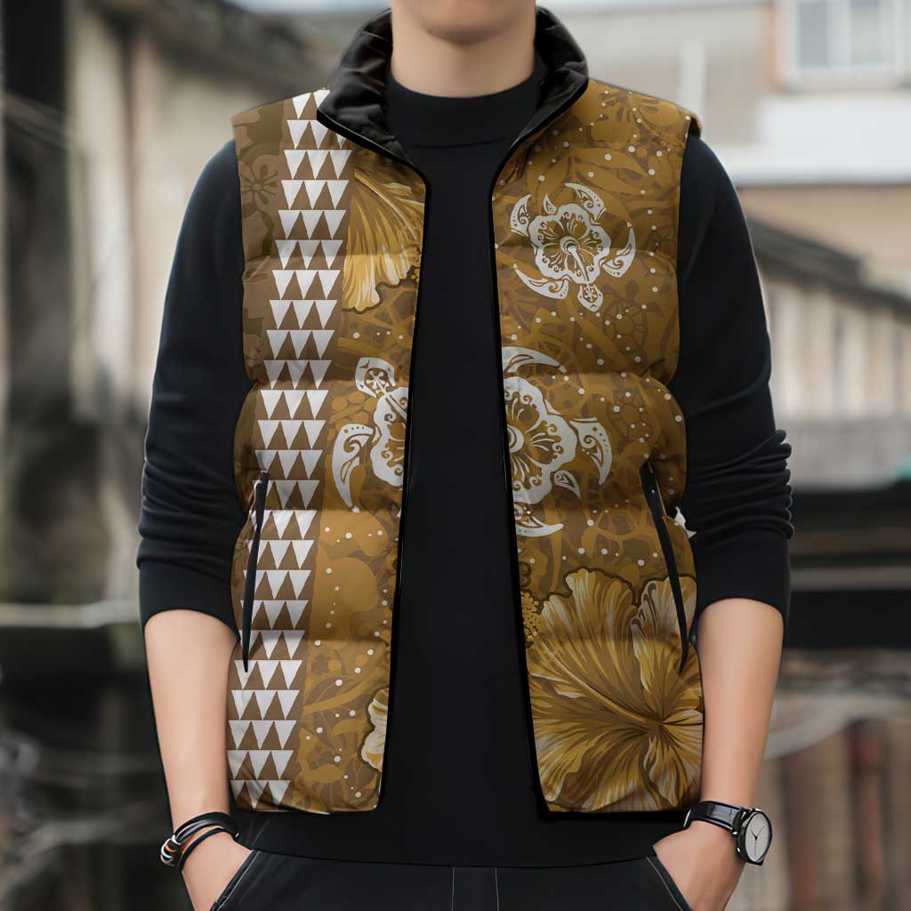 Gold Hibiscus Turle Sleeveless Puffer Jacket Hawaiian Style Tribal Tapa Pattern - Polynesian Pride