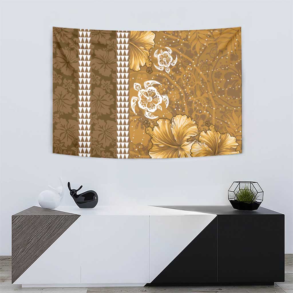 Gold Hibiscus Turle Tapestry Hawaiian Style Tribal Tapa Pattern