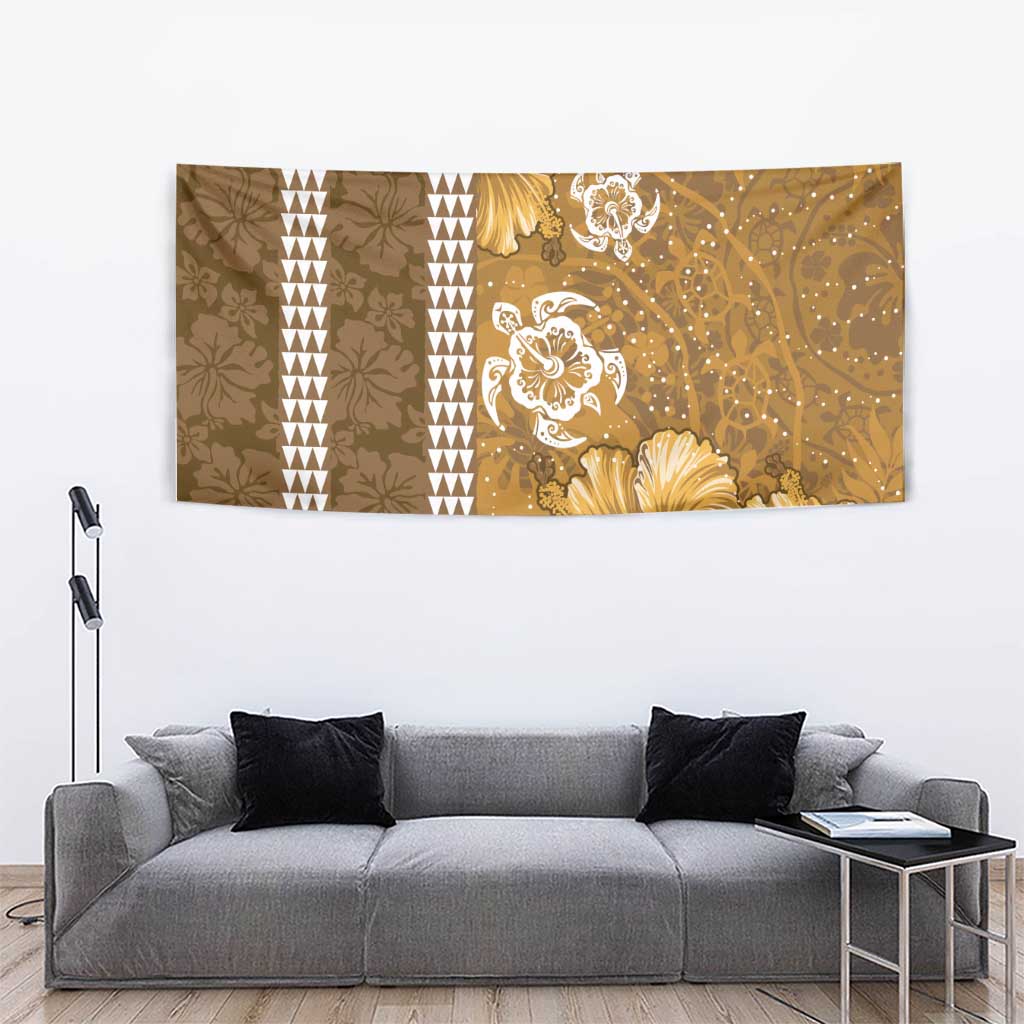 Gold Hibiscus Turle Tapestry Hawaiian Style Tribal Tapa Pattern