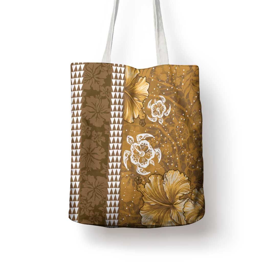 Gold Hibiscus Turle Tote Bag Hawaiian Style Tribal Tapa Pattern - Polynesian Pride