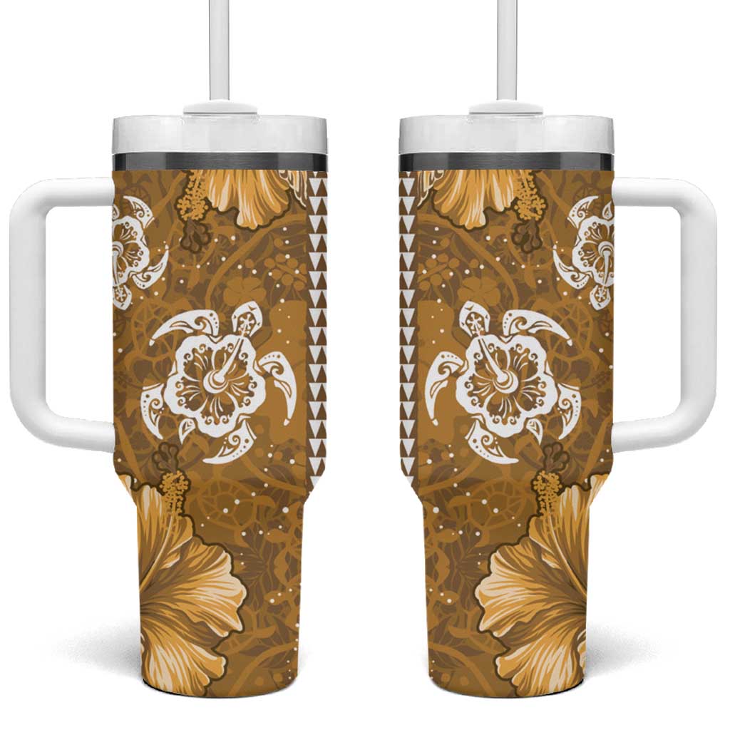 Gold Hibiscus Turle Tumbler With Handle Hawaiian Style Tribal Tapa Pattern