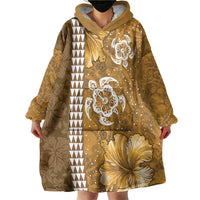 Gold Hibiscus Turle Wearable Blanket Hoodie Hawaiian Style Tribal Tapa Pattern