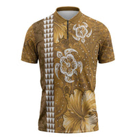 Gold Hibiscus Turle Zipper Polo Shirt Hawaiian Style Tribal Tapa Pattern - Polynesian Pride