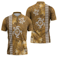 Gold Hibiscus Turle Zipper Polo Shirt Hawaiian Style Tribal Tapa Pattern - Polynesian Pride