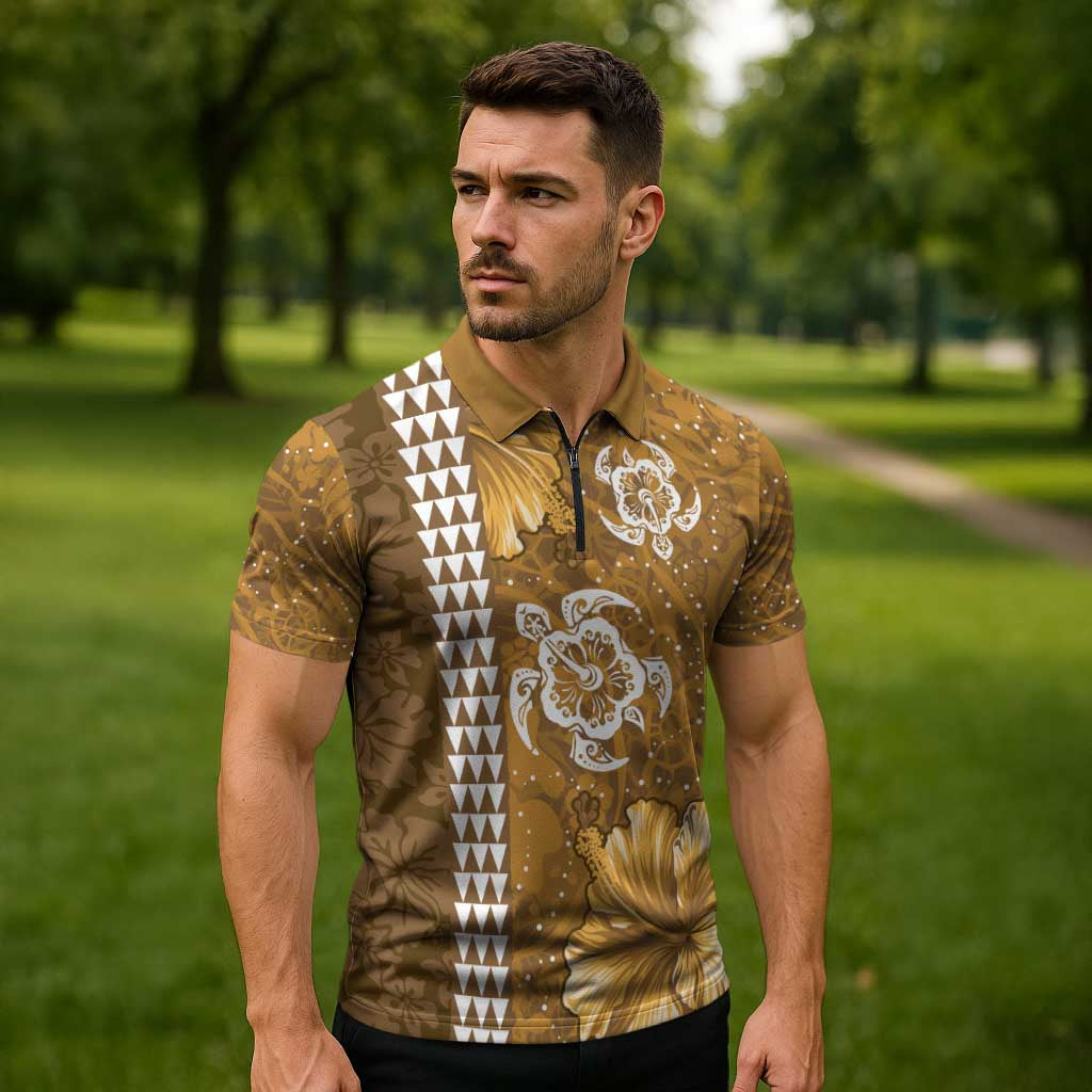 Gold Hibiscus Turle Zipper Polo Shirt Hawaiian Style Tribal Tapa Pattern - Polynesian Pride