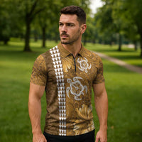 Gold Hibiscus Turle Zipper Polo Shirt Hawaiian Style Tribal Tapa Pattern - Polynesian Pride