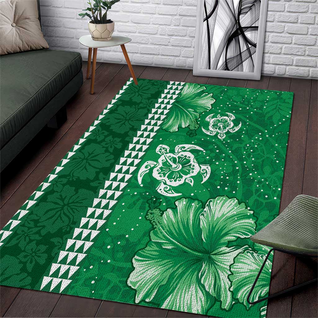 Green Hibiscus Turle Area Rug Hawaiian Style Tribal Tapa Pattern