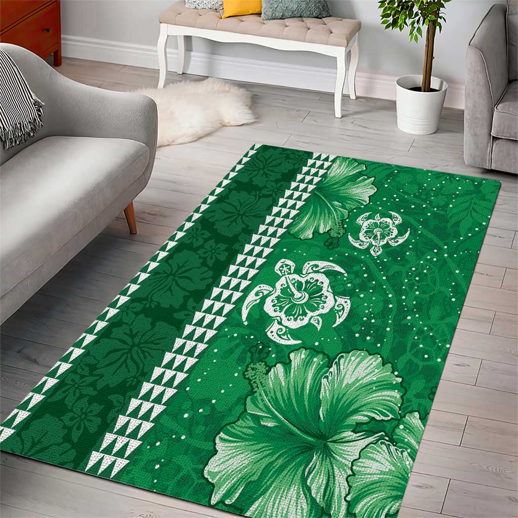 Green Hibiscus Turle Area Rug Hawaiian Style Tribal Tapa Pattern