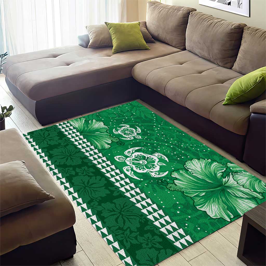 Green Hibiscus Turle Area Rug Hawaiian Style Tribal Tapa Pattern