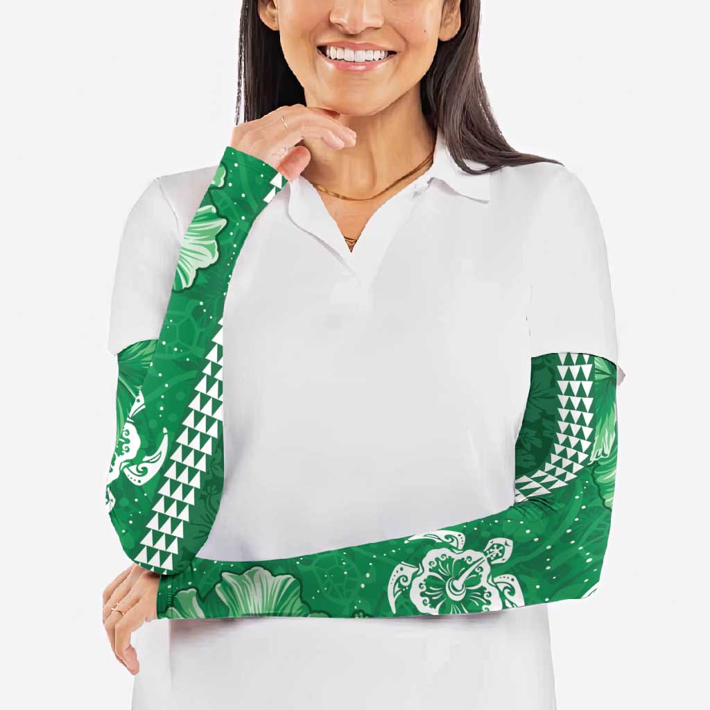 Green Hibiscus Turle Arm Sleeves Hawaiian Style Tribal Tapa Pattern - Polynesian Pride