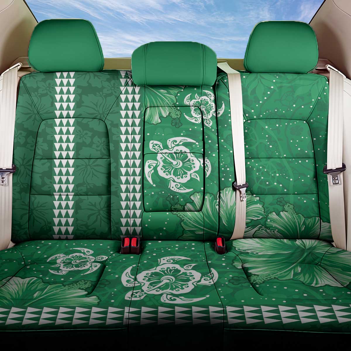 Green Hibiscus Turle Back Car Seat Cover Hawaiian Style Tribal Tapa Pattern