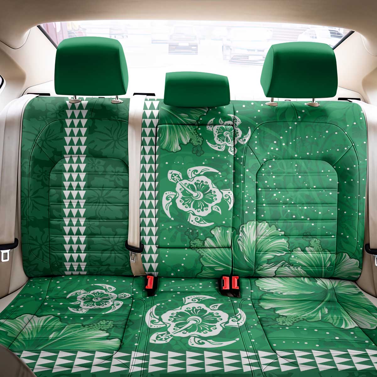 Green Hibiscus Turle Back Car Seat Cover Hawaiian Style Tribal Tapa Pattern