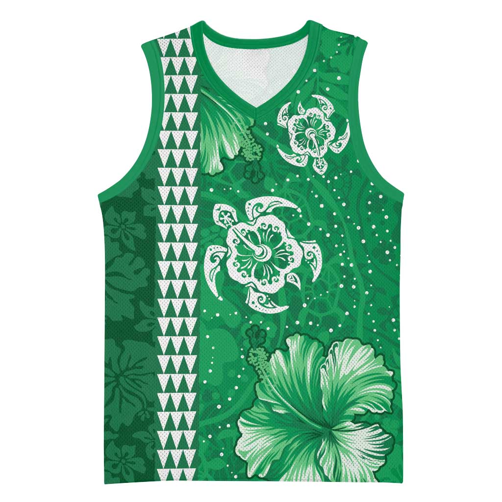 Green Hibiscus Turle Basketball Jersey Hawaiian Style Tribal Tapa Pattern - Polynesian Pride