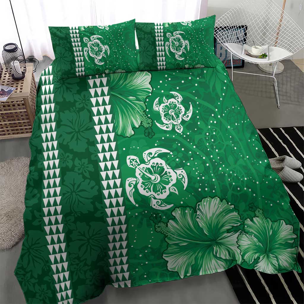Green Hibiscus Turle Bedding Set Hawaiian Style Tribal Tapa Pattern