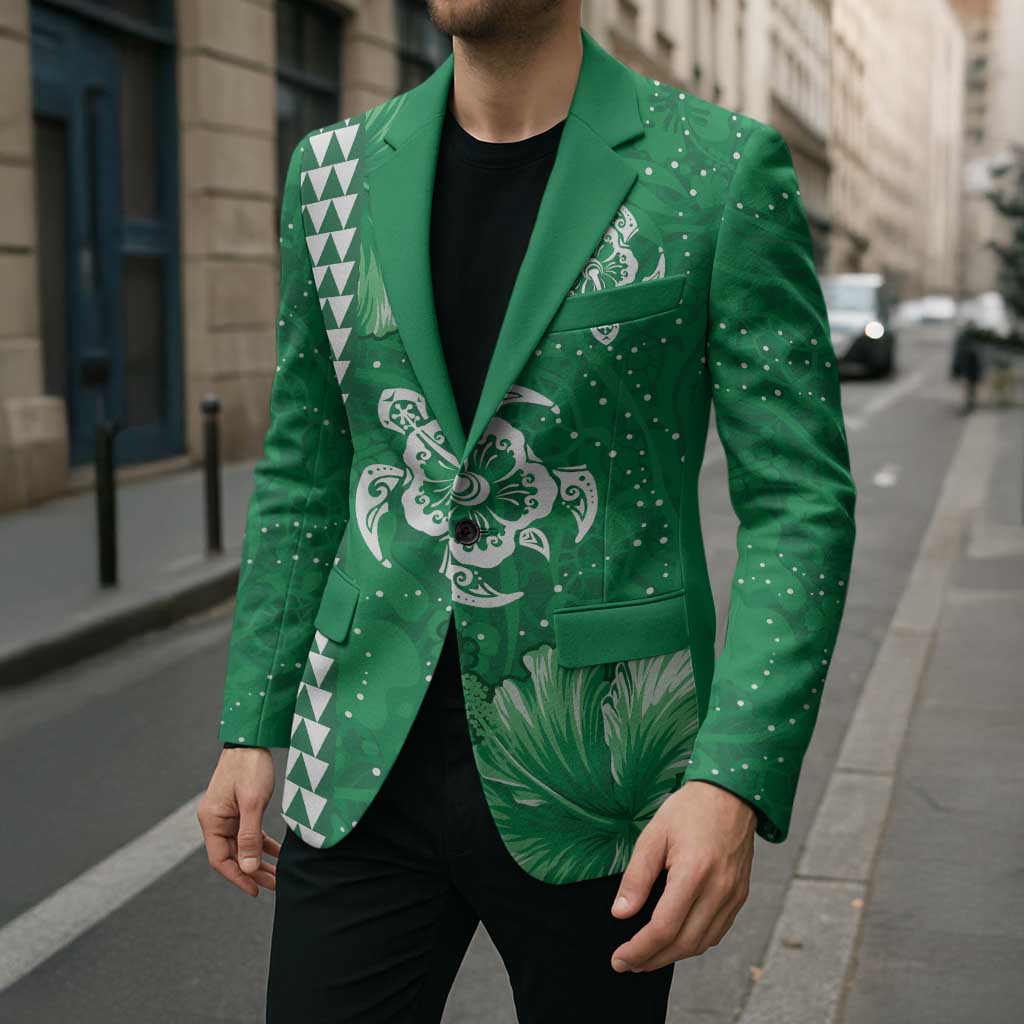 Green Hibiscus Turle Blazer Hawaiian Style Tribal Tapa Pattern - Polynesian Pride