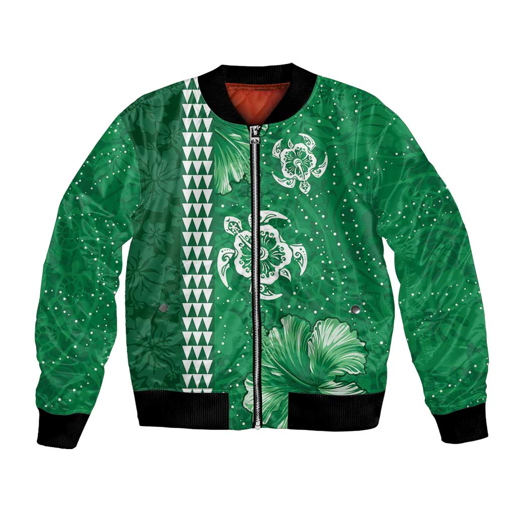 Green Hibiscus Turle Bomber Jacket Hawaiian Style Tribal Tapa Pattern
