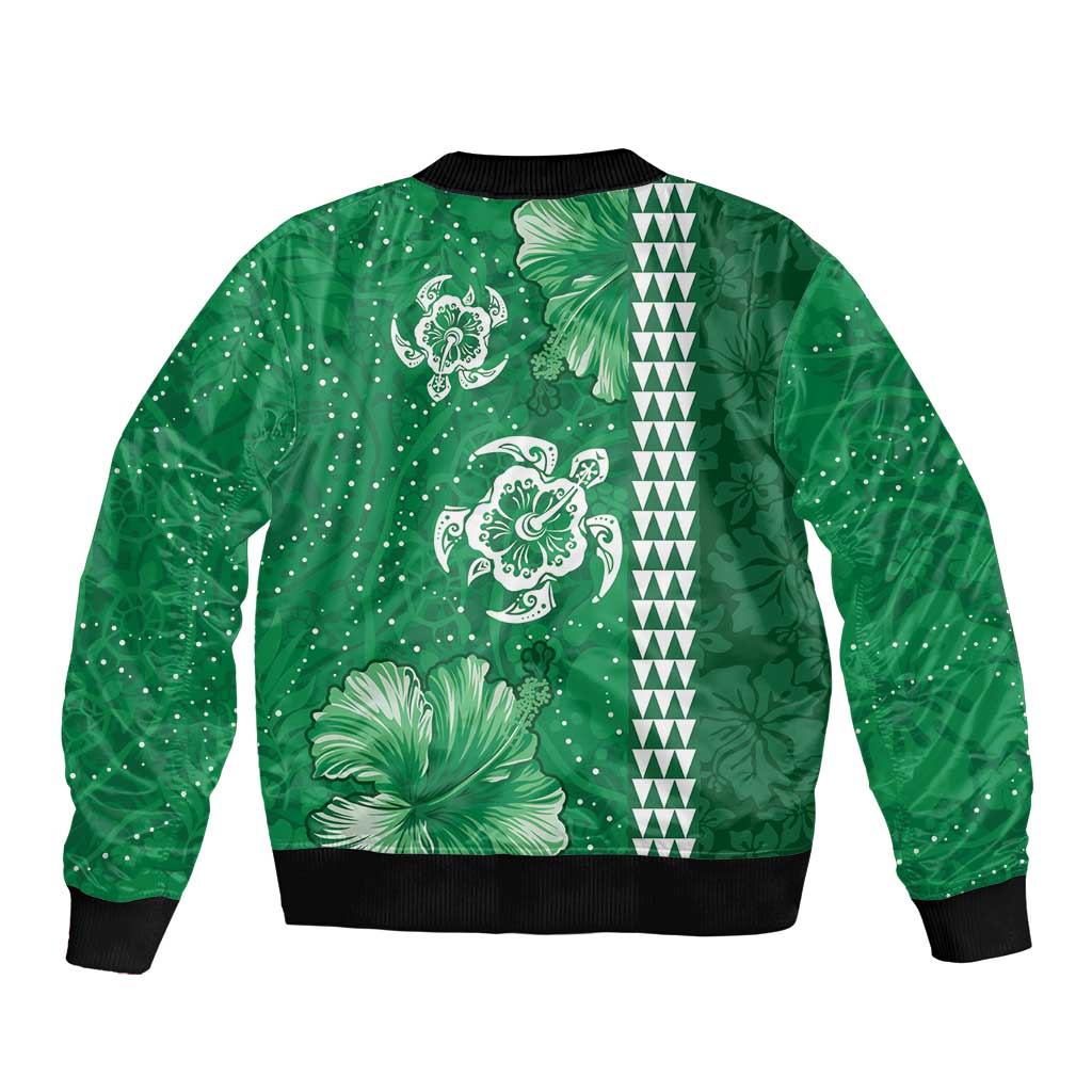 Green Hibiscus Turle Bomber Jacket Hawaiian Style Tribal Tapa Pattern