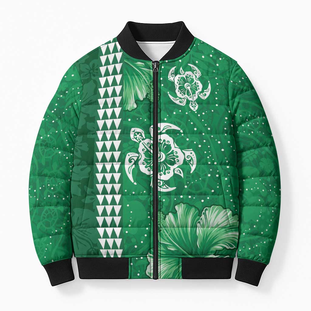 Green Hibiscus Turle Bomber Puffer Jacket Hawaiian Style Tribal Tapa Pattern - Polynesian Pride