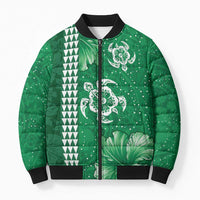 Green Hibiscus Turle Bomber Puffer Jacket Hawaiian Style Tribal Tapa Pattern - Polynesian Pride